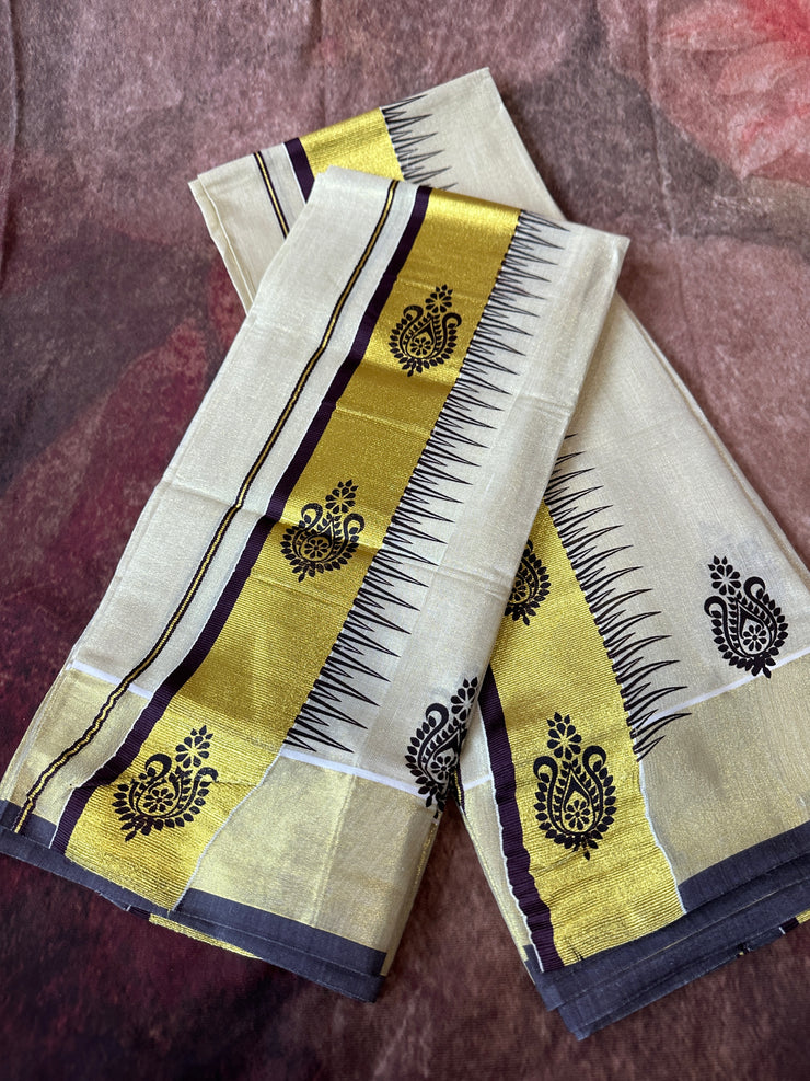 Tissue set mundu with coffee brown print