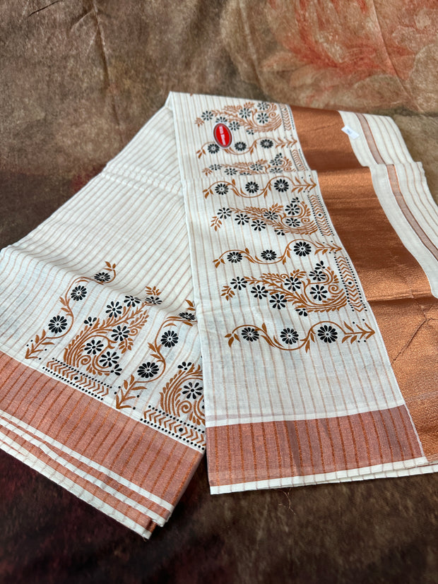 Set saree with copper border and black print