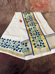 Set saree with gold and blue border with block printed border