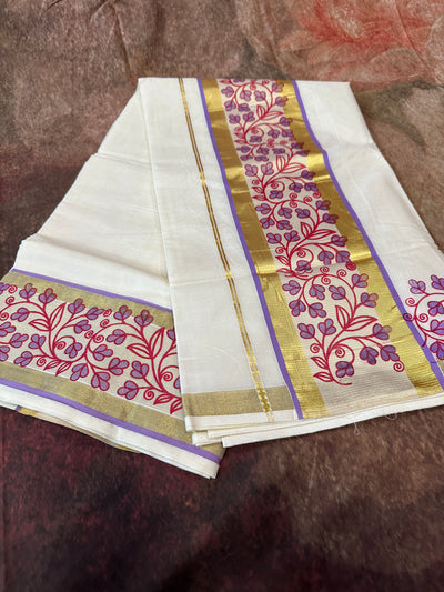Set saree with gold and lilac border with block printed border