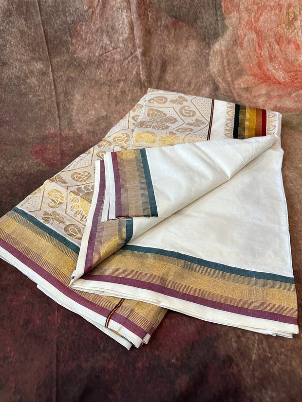Set saree with maroon green and gold border