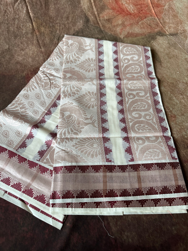 Set saree with maroon and rose gold thread weave
