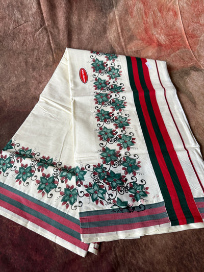 Set saree with Red and green border with floral print