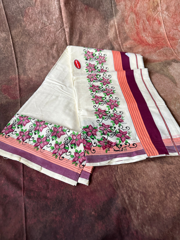 Set saree with maroon and peach border with floral print
