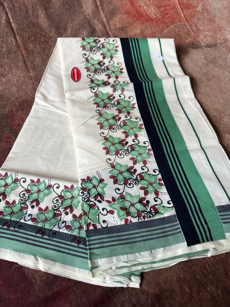 Set saree with Black and green border with floral print