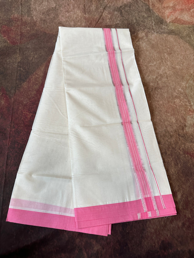 PInk and silver border mundu