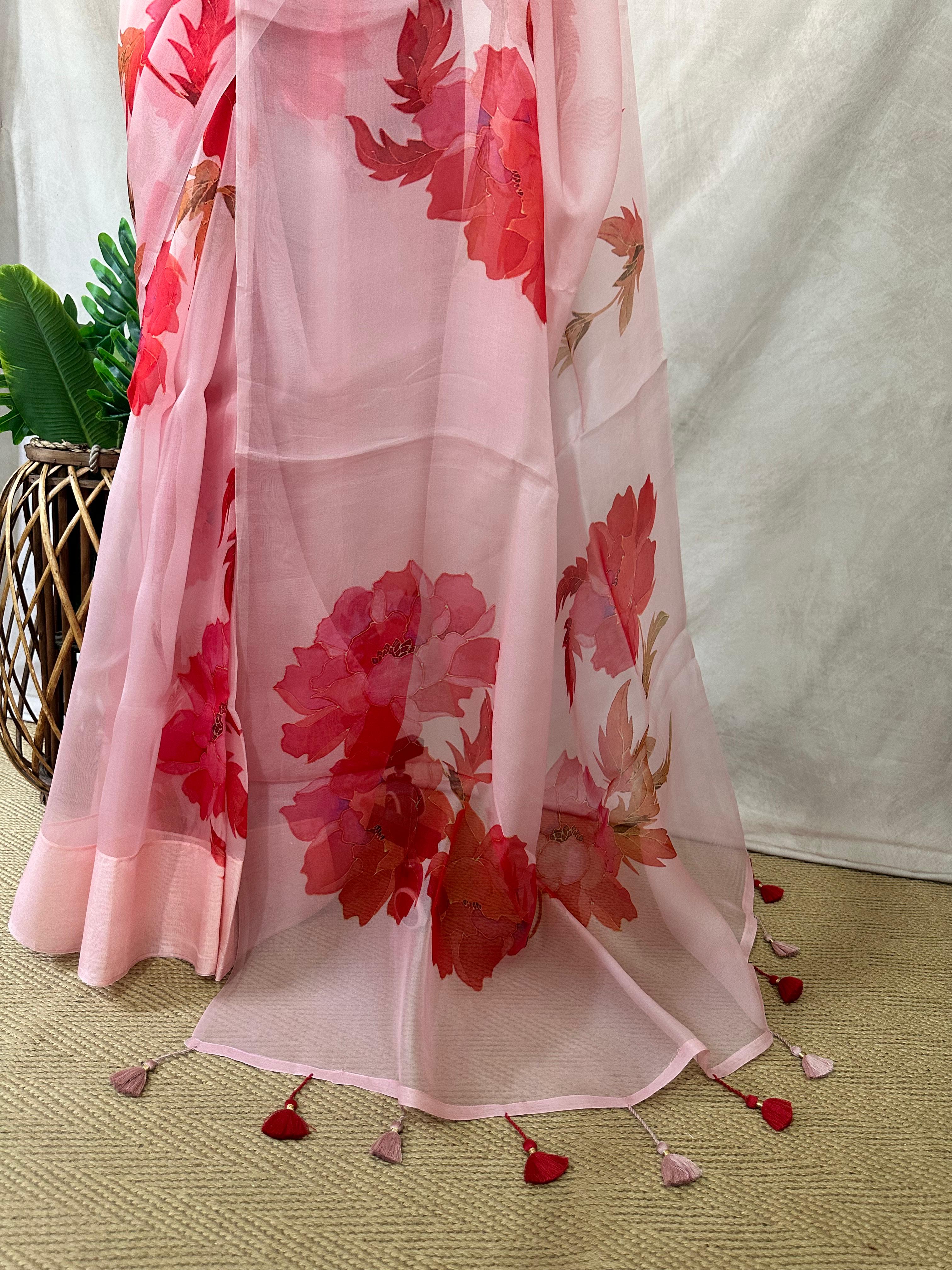 Organza pure silk saree with digital print and stitched blouse