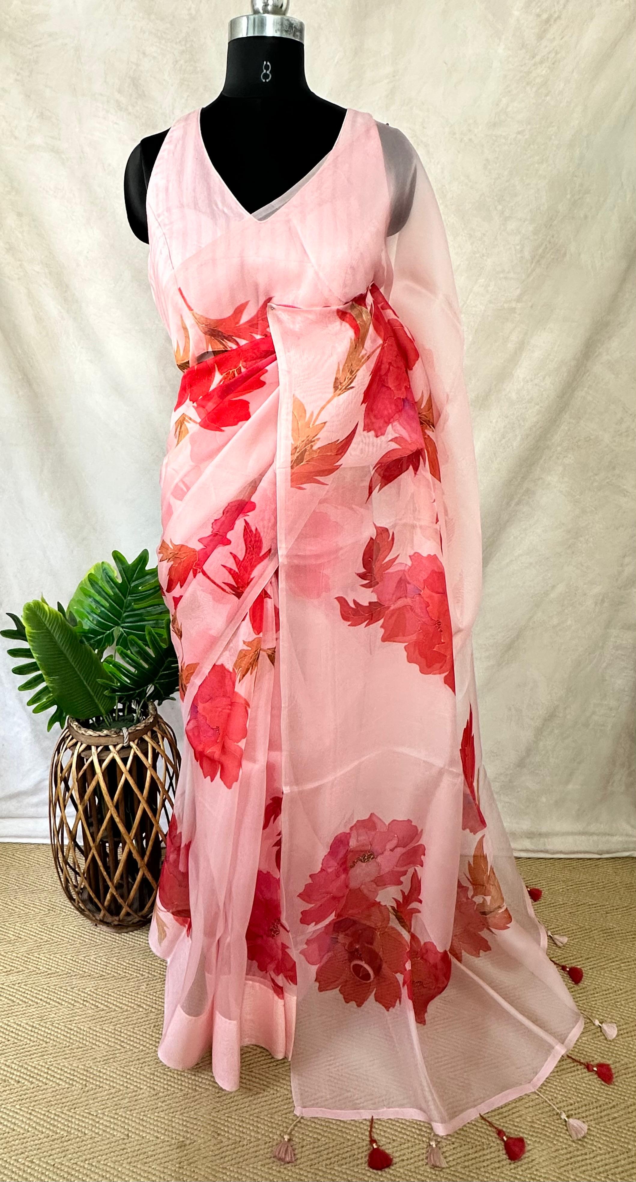 Organza pure silk saree with digital print and stitched blouse