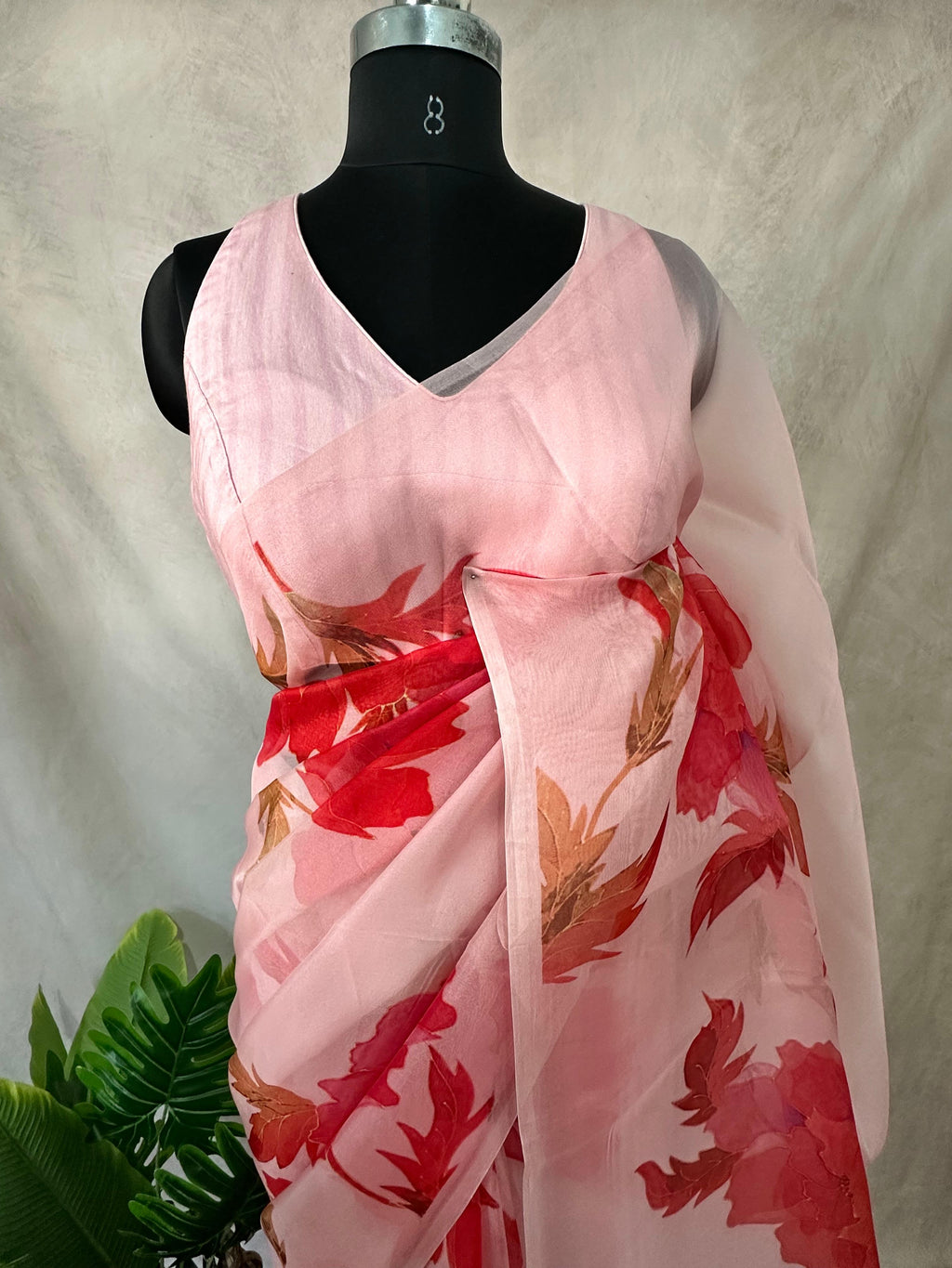 Organza pure silk saree with digital print and stitched blouse