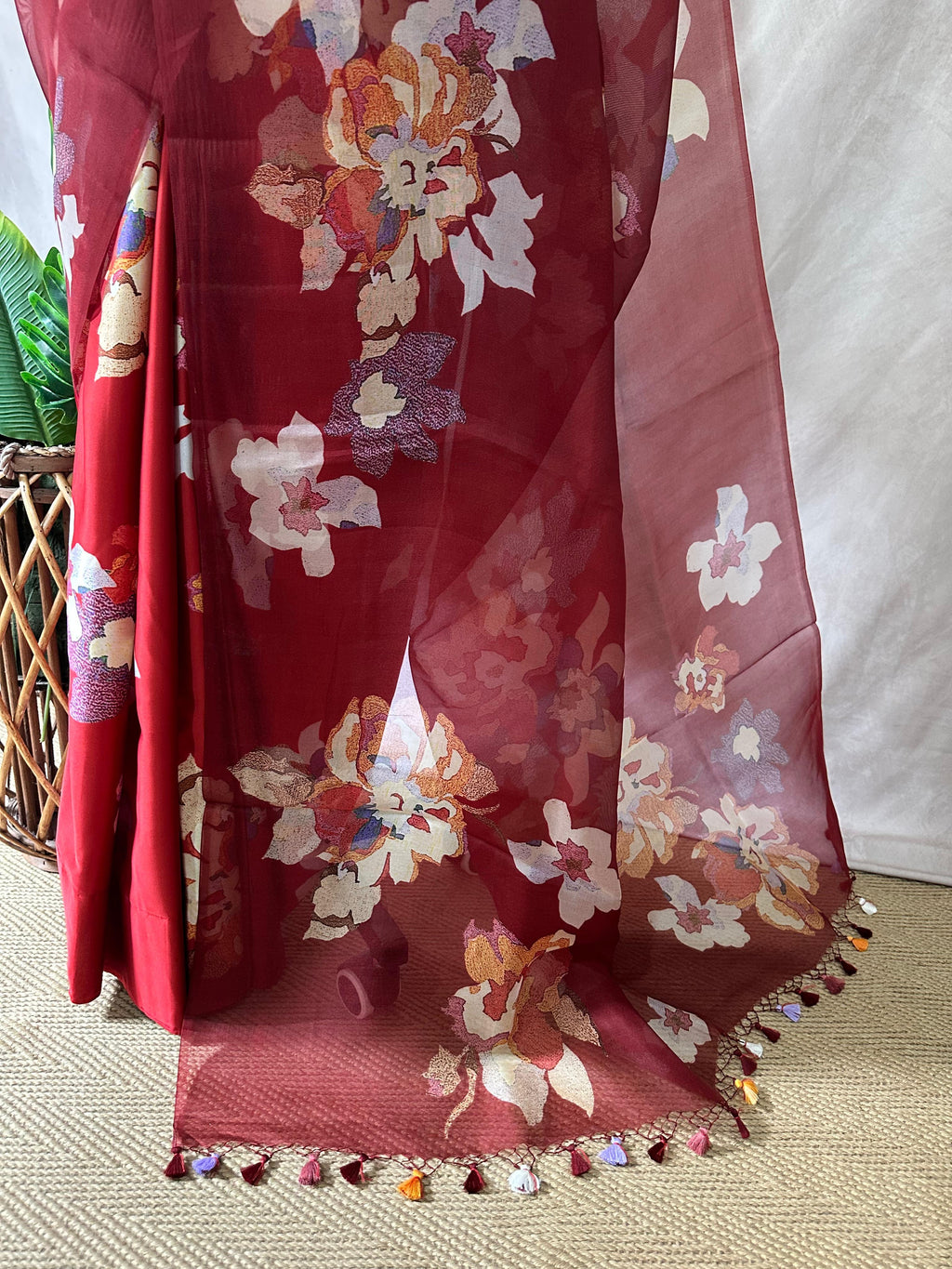 Dark Red printed organza silk saree with stitched blouse