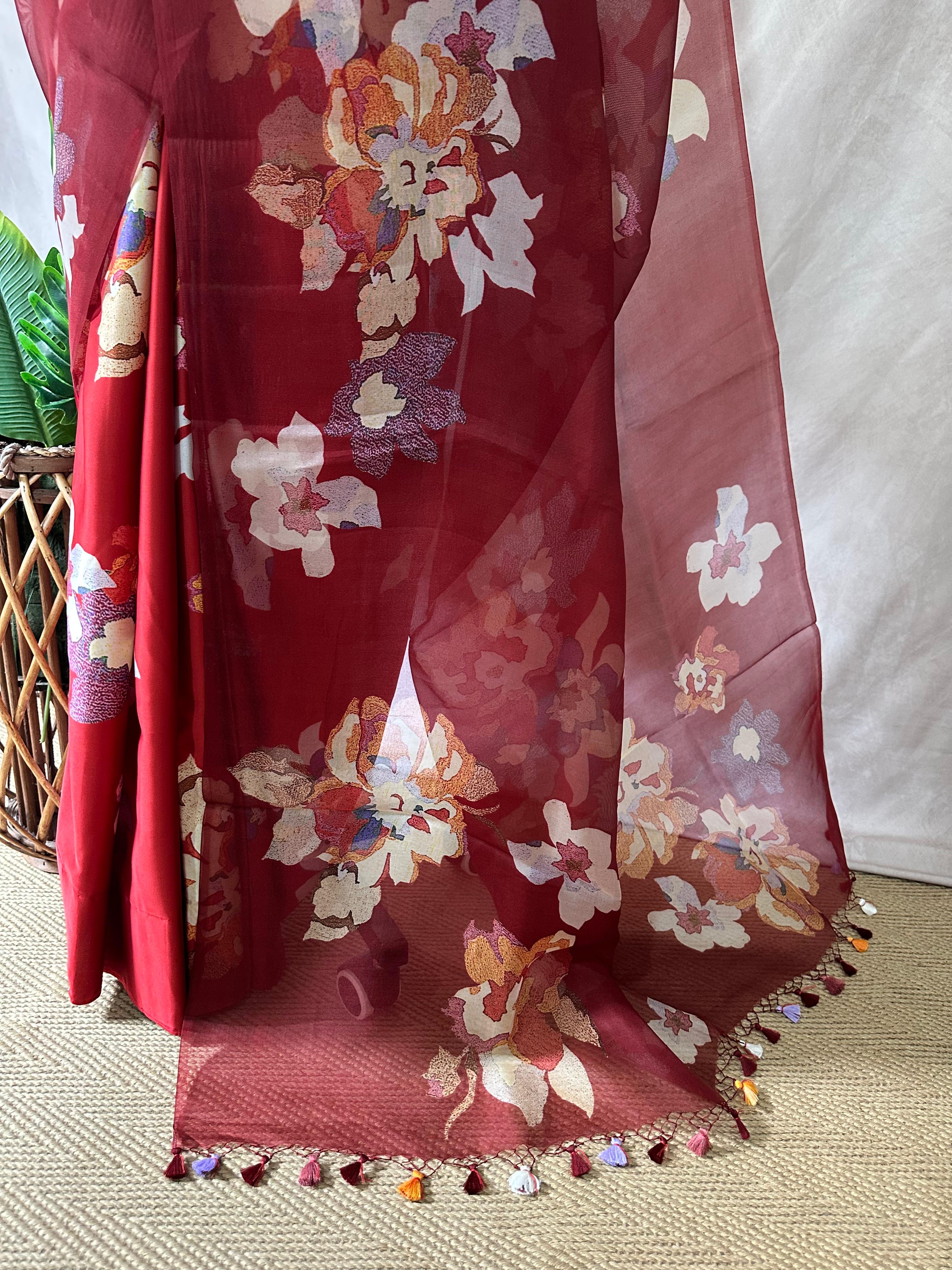 Dark Red printed organza silk saree with stitched blouse