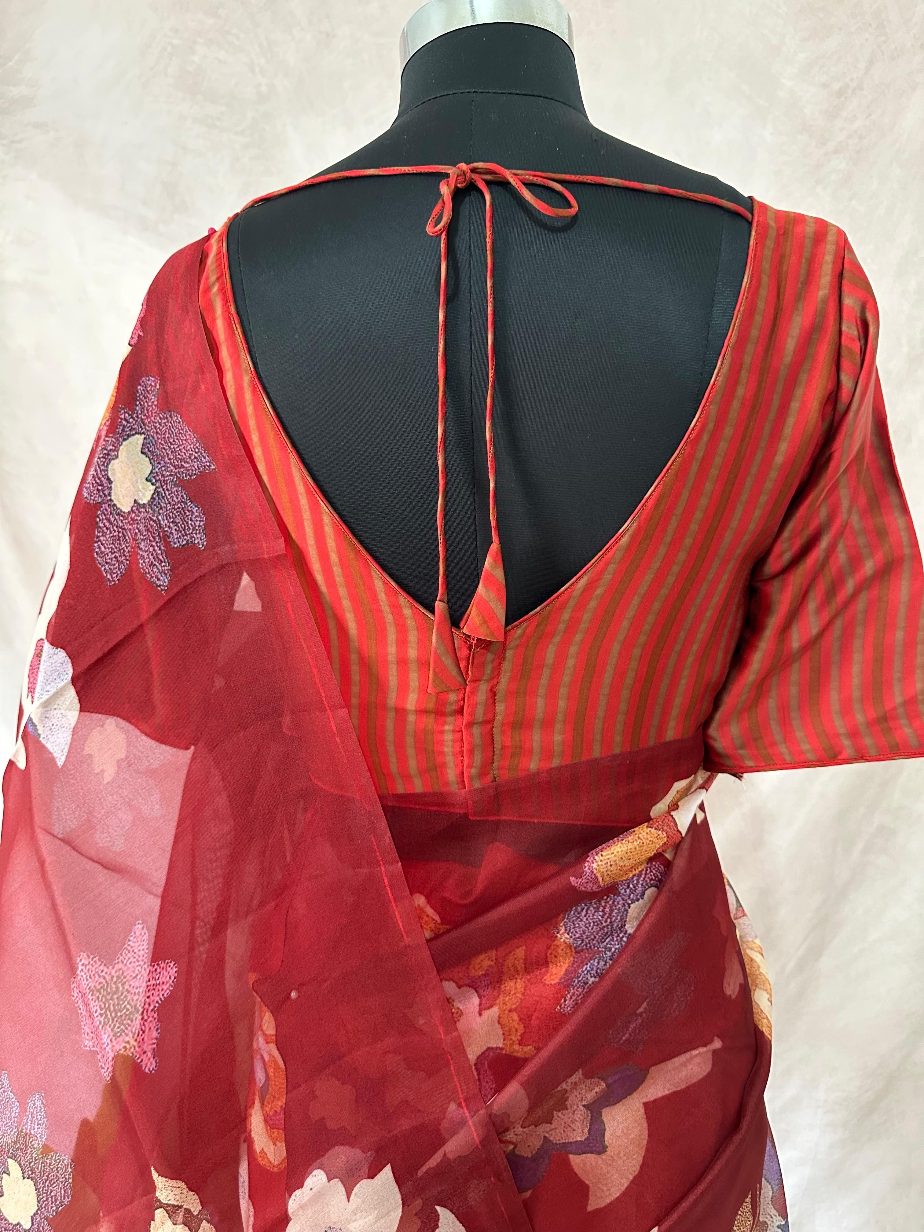 Dark Red printed organza silk saree with stitched blouse