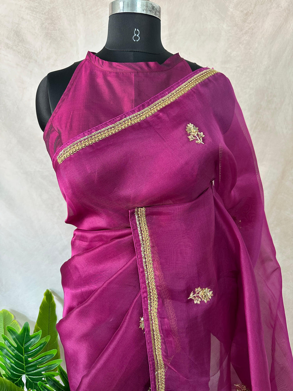 Organza silk saree with handwork with sequins beads, stitched blouse