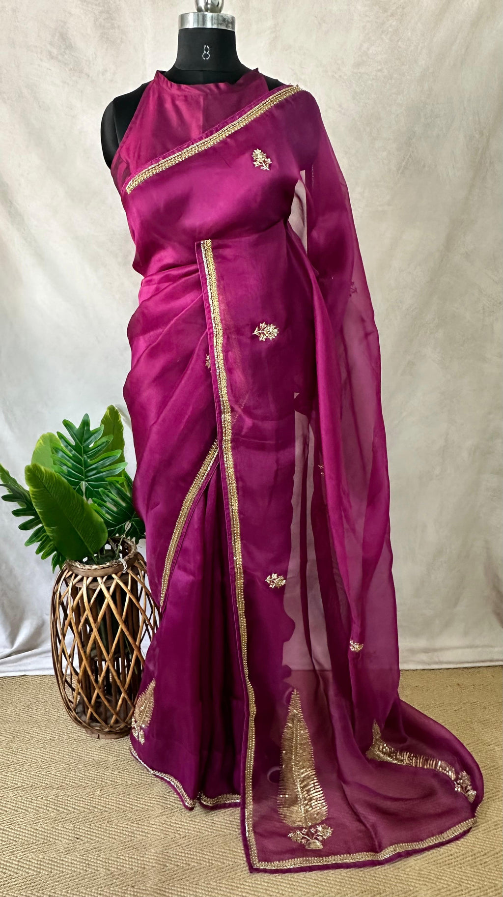 Organza silk saree with handwork with sequins beads, stitched blouse