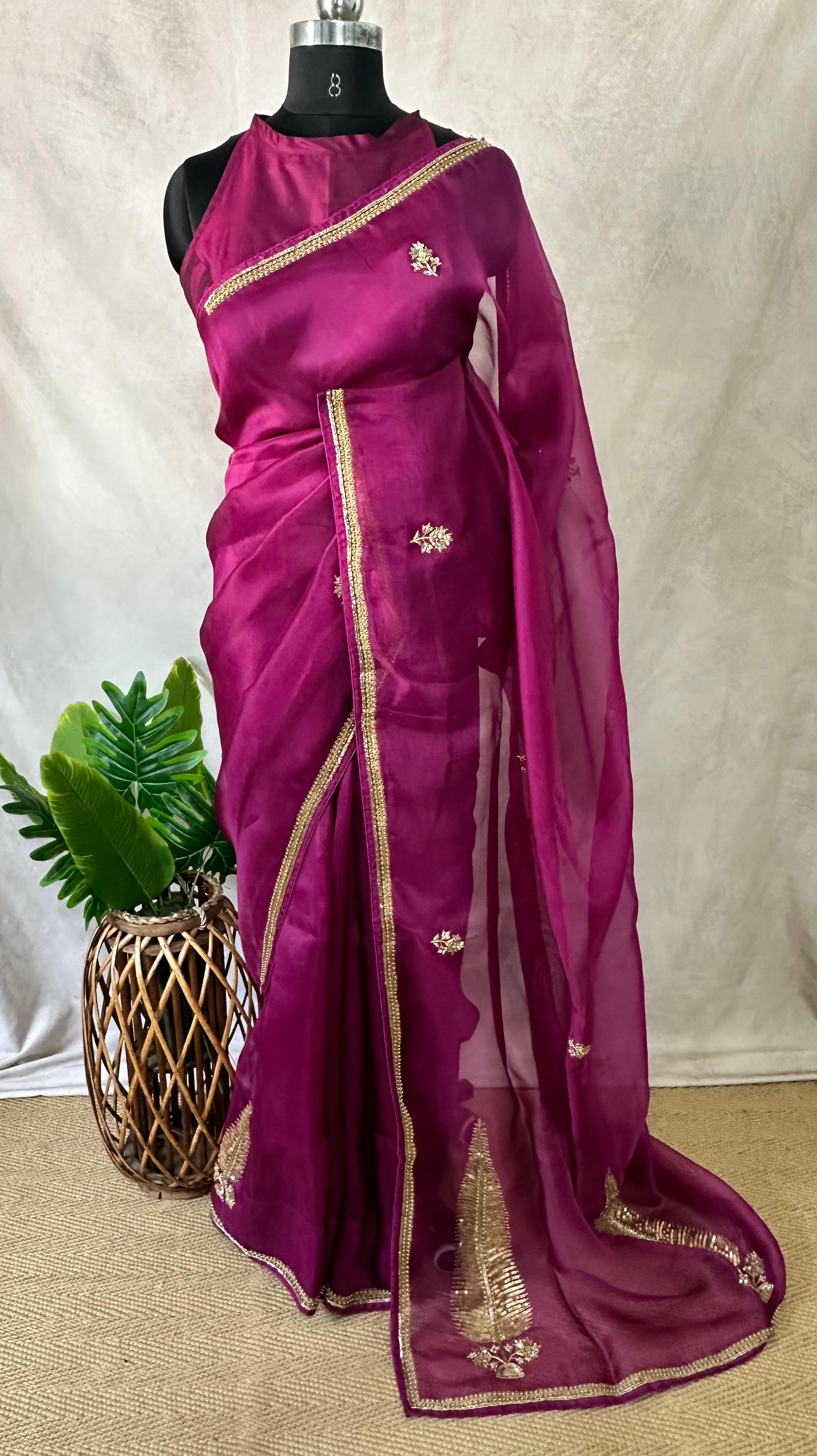 Organza silk saree with handwork with sequins beads, stitched blouse