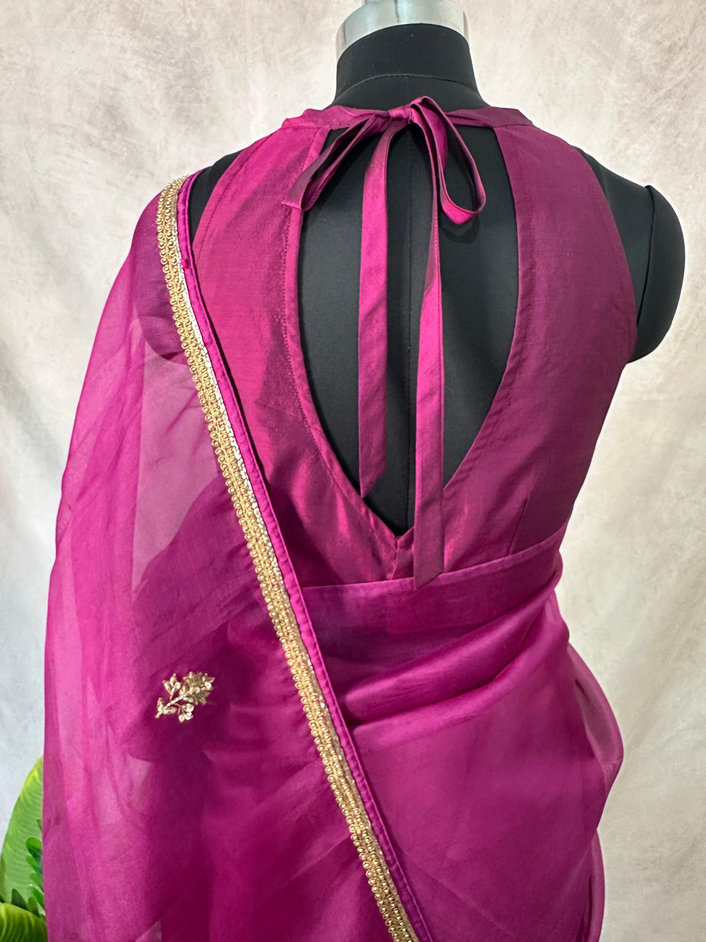 Organza silk saree with handwork with sequins beads, stitched blouse