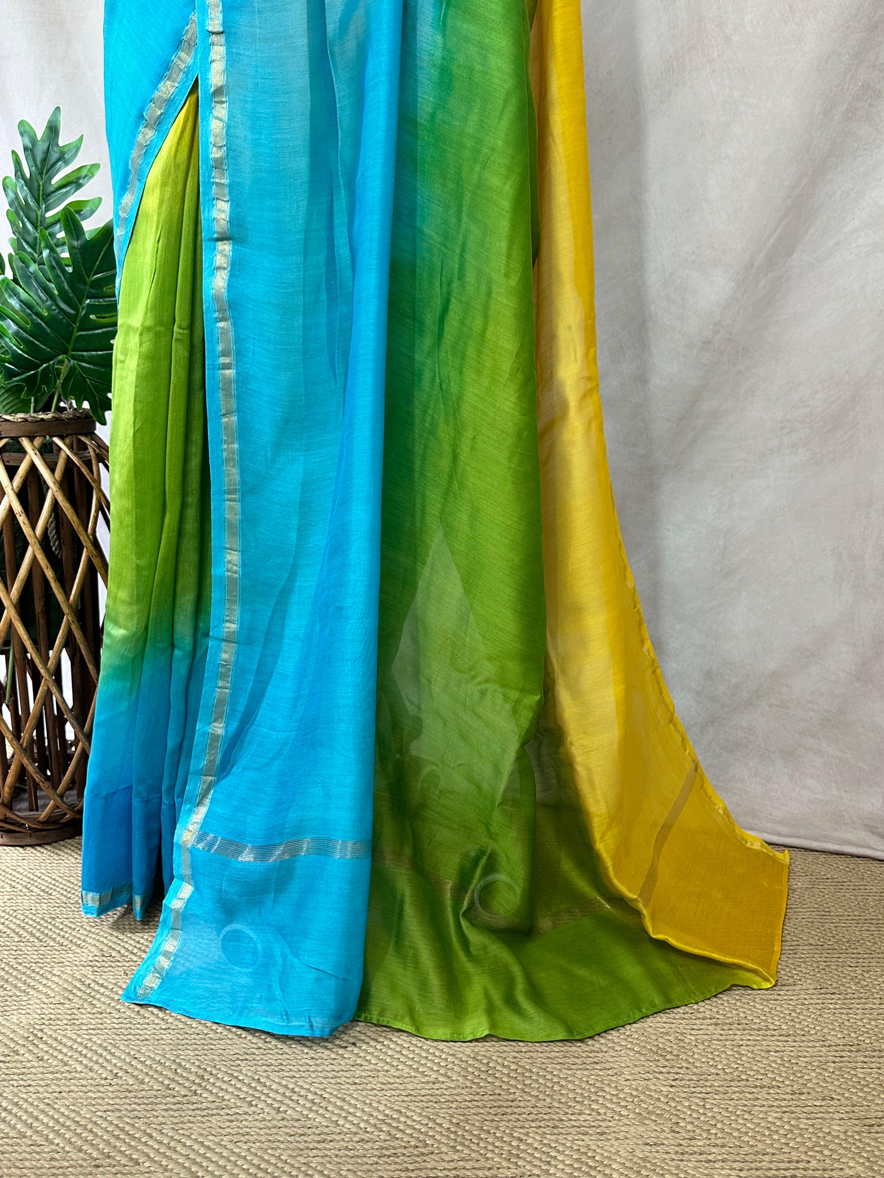 Chanderi cotton silk multi shaded saree, with BP