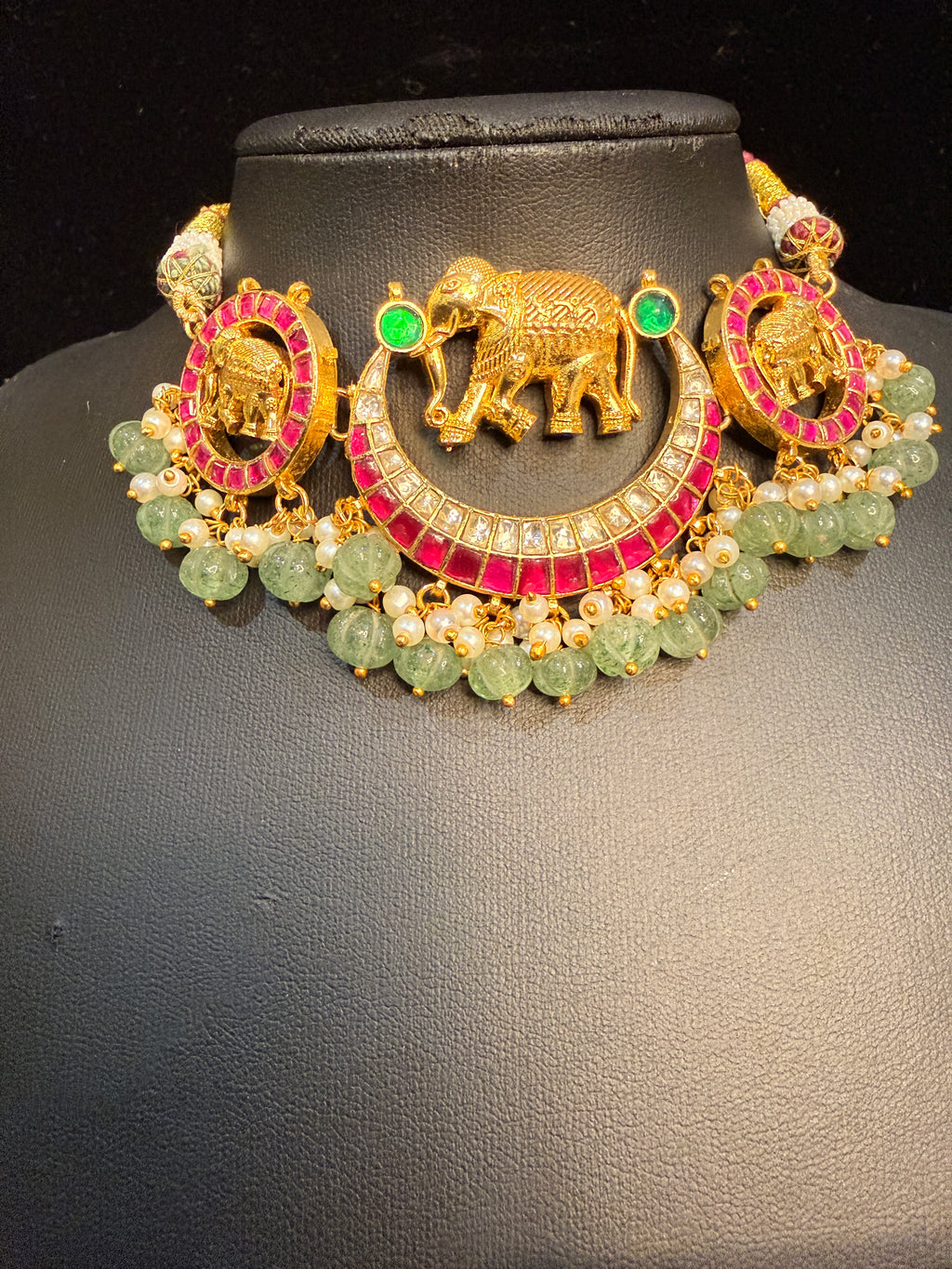 Elephant pendant choker with jadau stones and studs