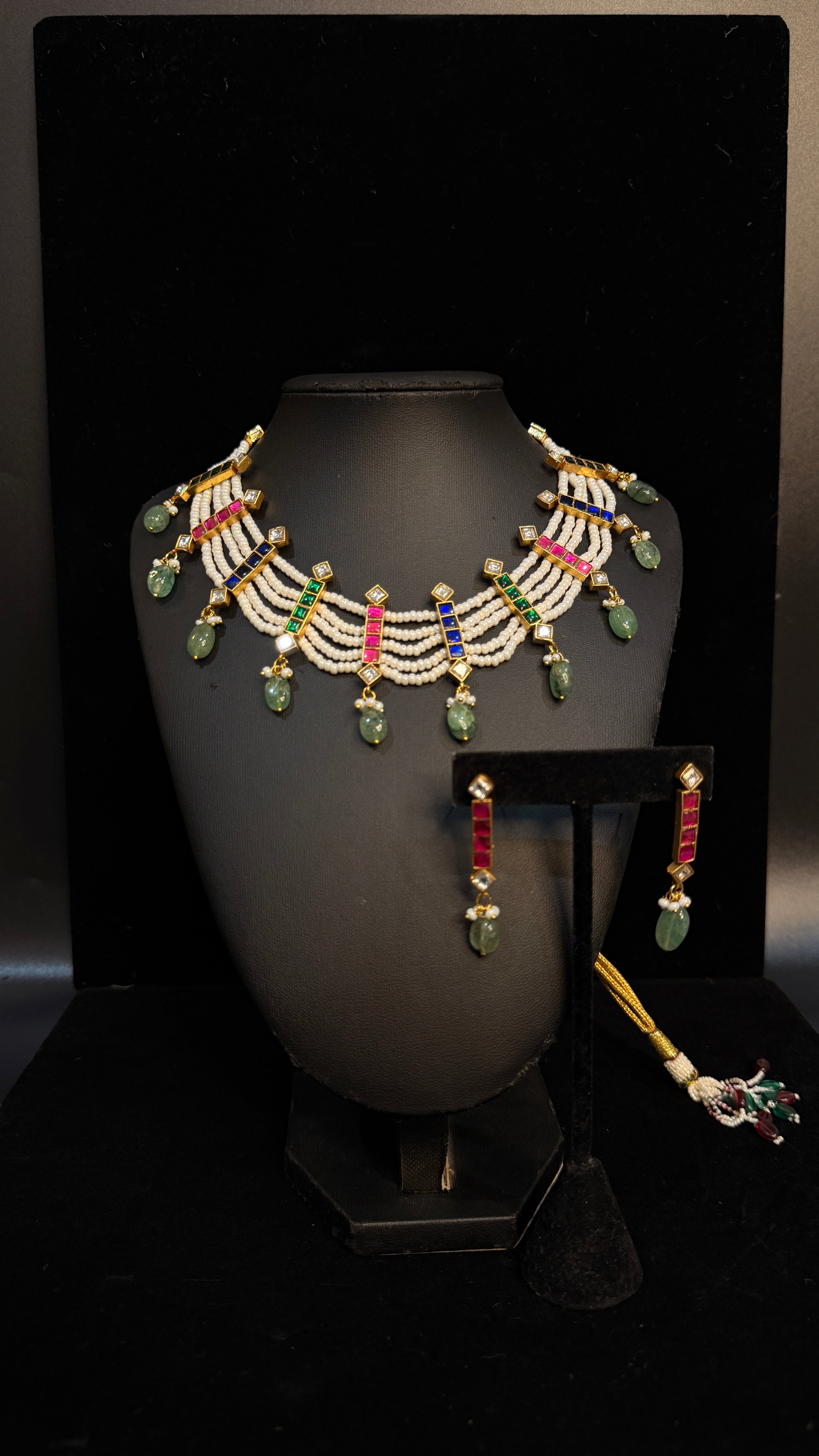 Pearl and multi color jadu kundan necklace with earring