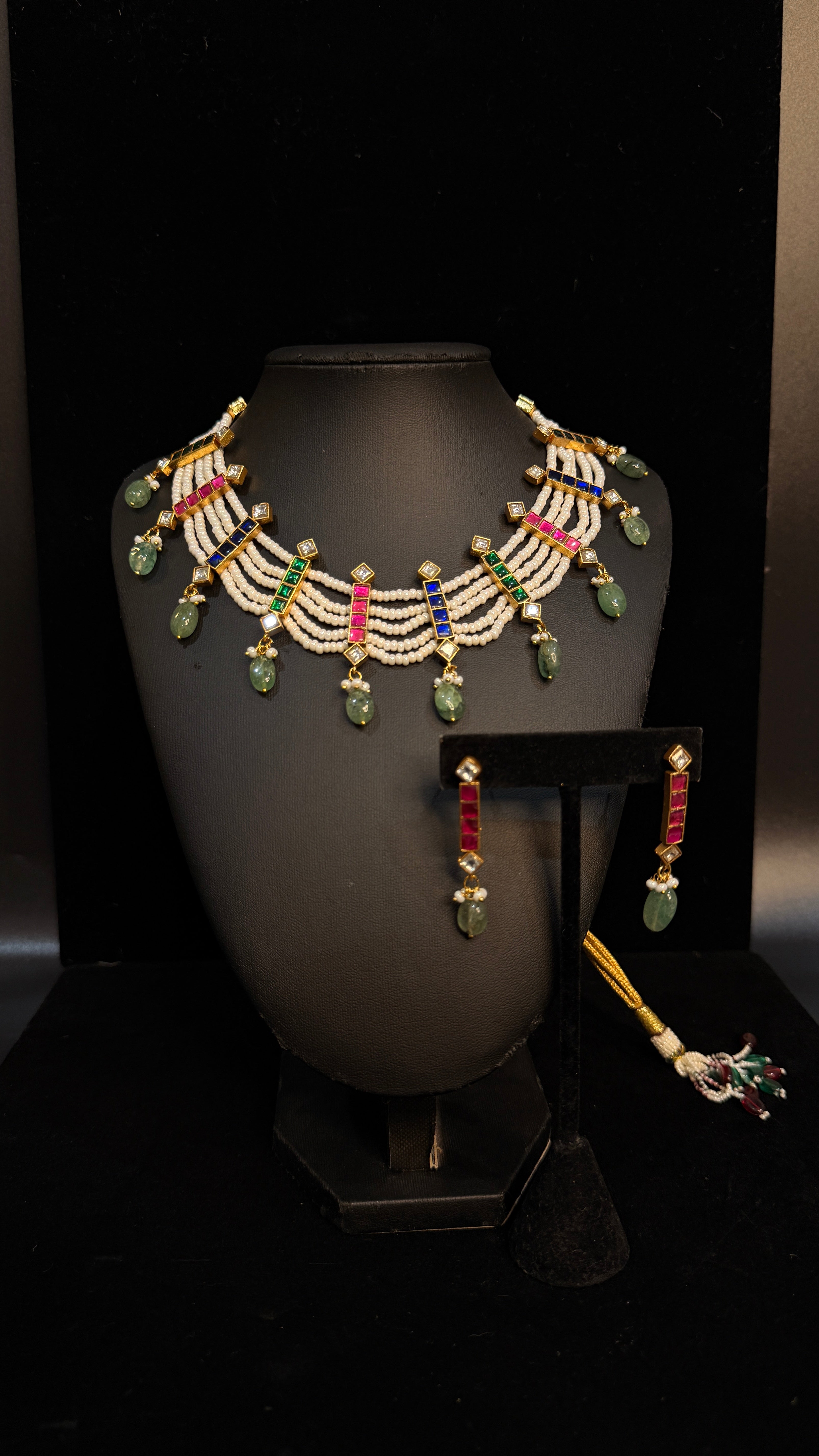 Pearl and multi color jadu kundan necklace with earring