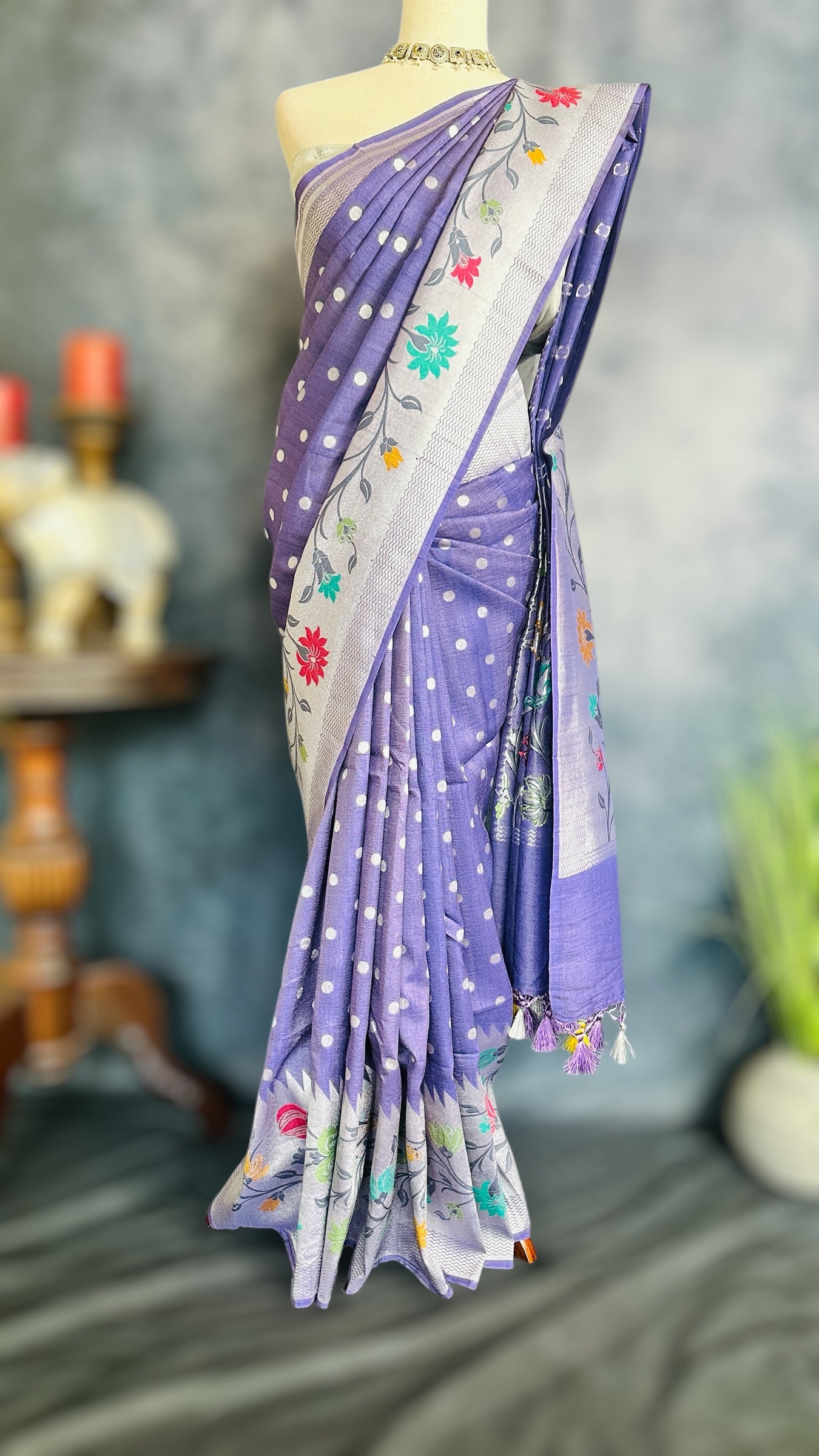 Pure Tussar Georgette Hand Loom Banarsi Saree With Paithani Border and Stitched Blouse
