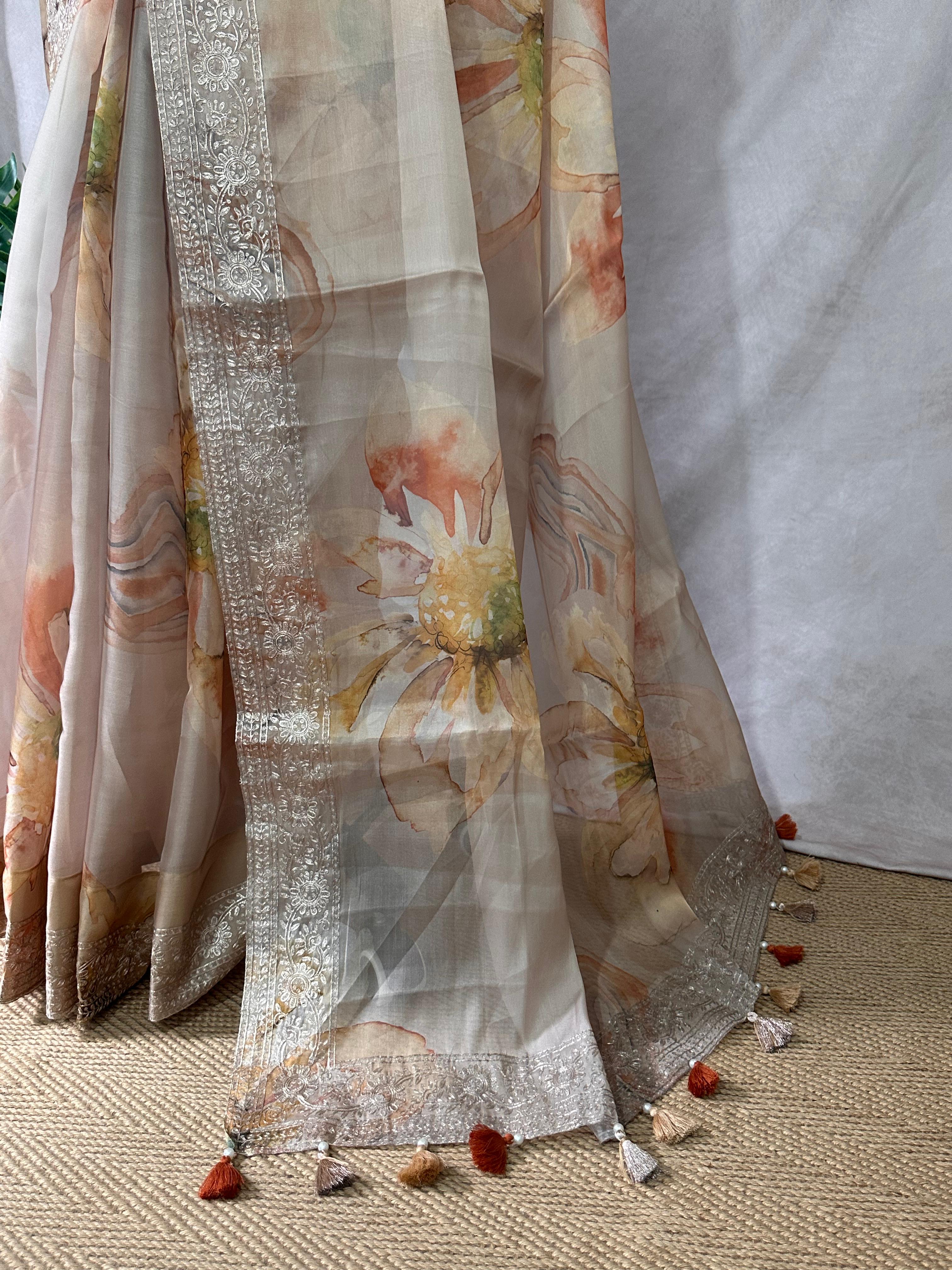 Silk organza saree with digital print and gotta worked borderr, with BP