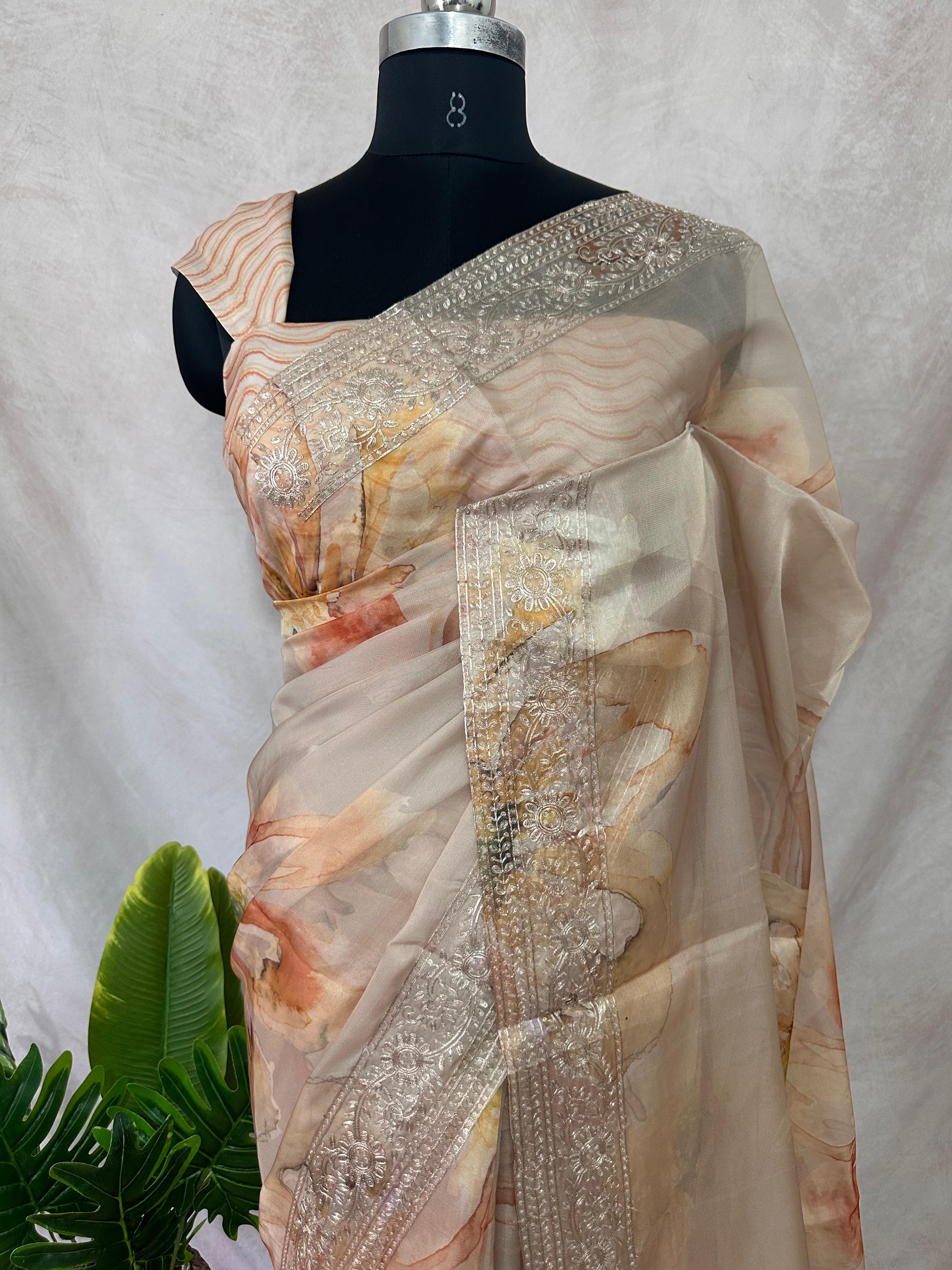 Silk organza saree with digital print and gotta worked borderr, with BP