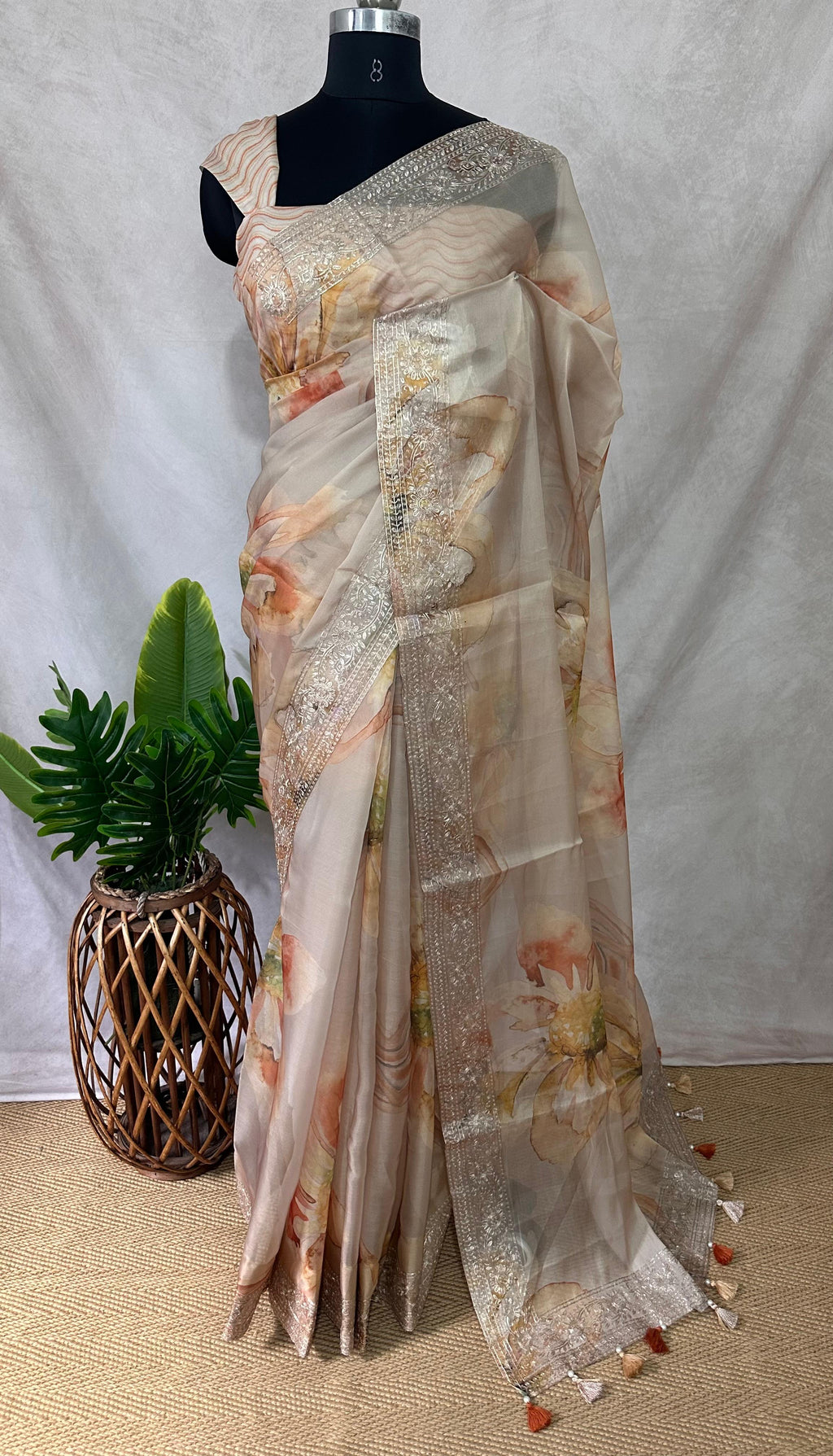 Silk organza saree with digital print and gotta worked borderr, with BP