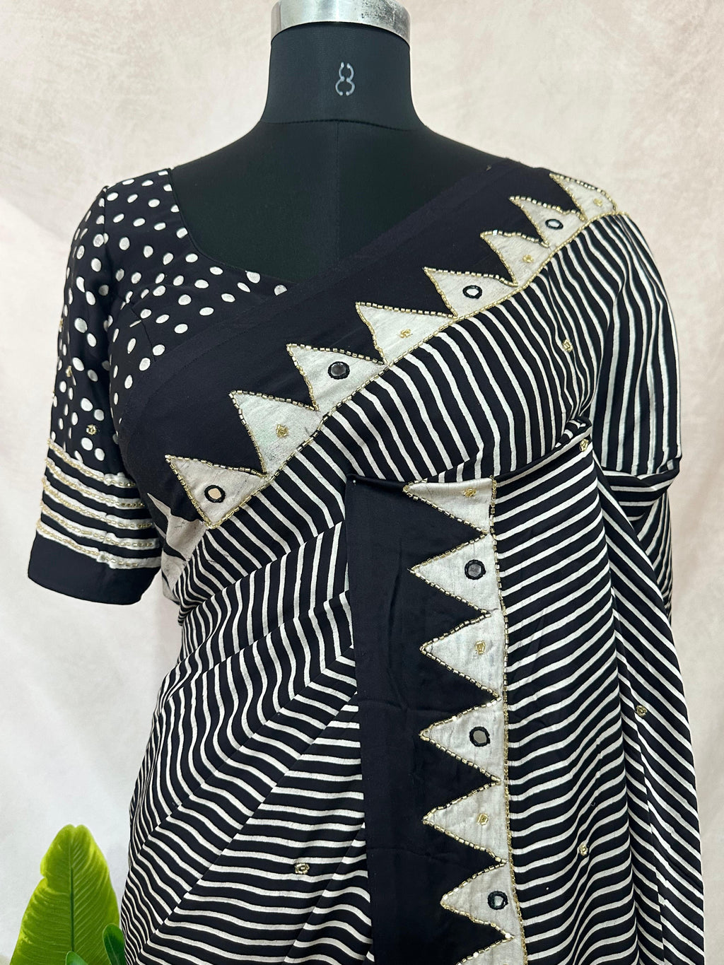 Designer Ajrakh modal silk saree with bead and mirroer handwork, stitched blouse