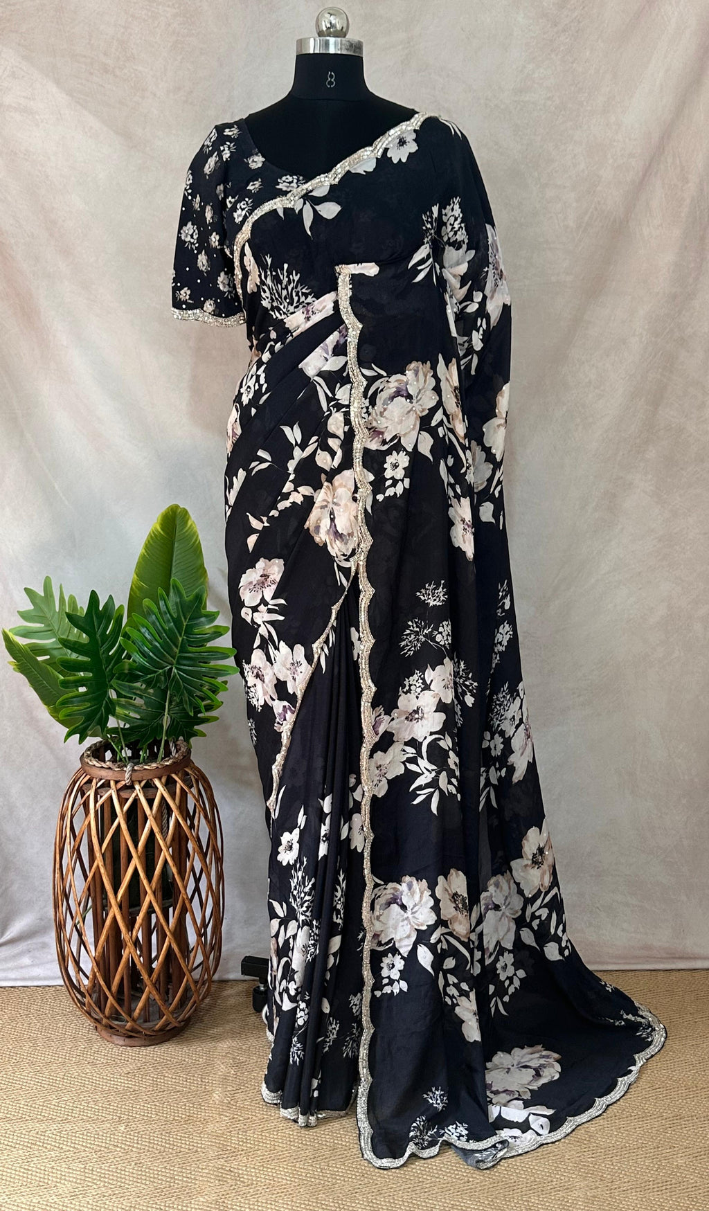 Black designer Crepe saree with floral print and blouse
