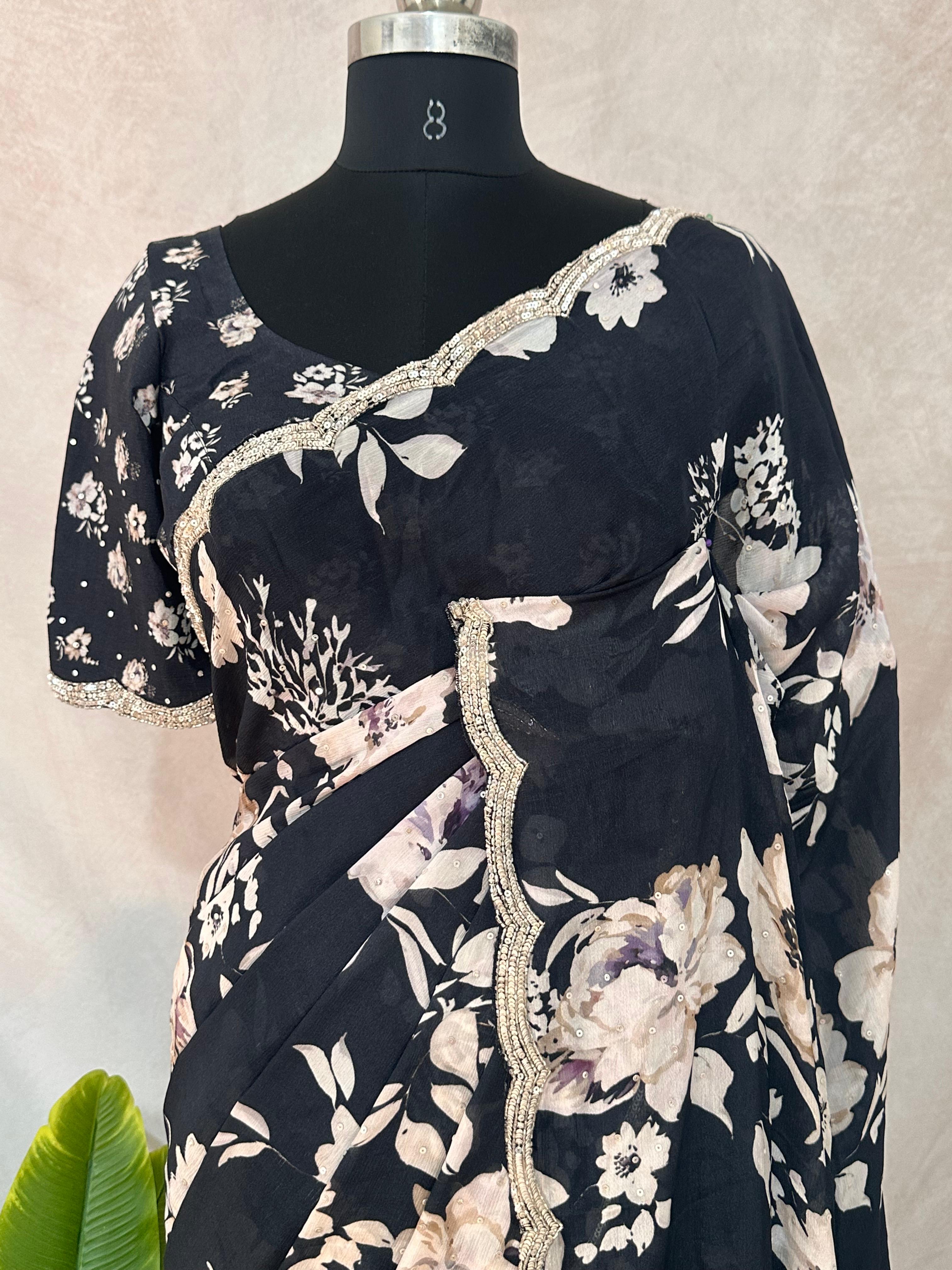 Black designer Crepe saree with floral print and blouse