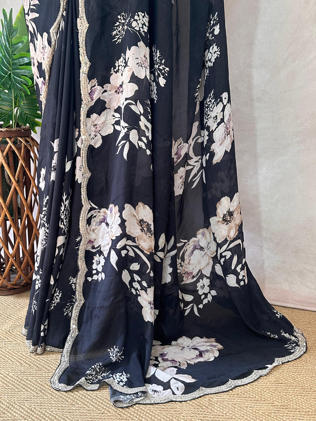 Black designer Crepe saree with floral print and blouse