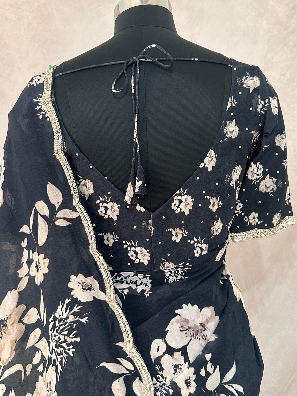 Black designer Crepe saree with floral print and blouse