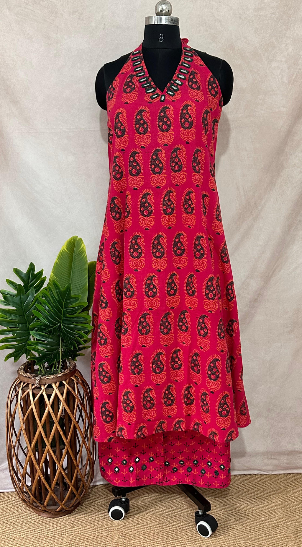 Hand blocked printed ajrakh Cotton halter neck kurti with hand mirror work and bottom