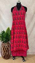 Hand blocked printed ajrakh Cotton halter neck kurti with hand mirror work and bottom