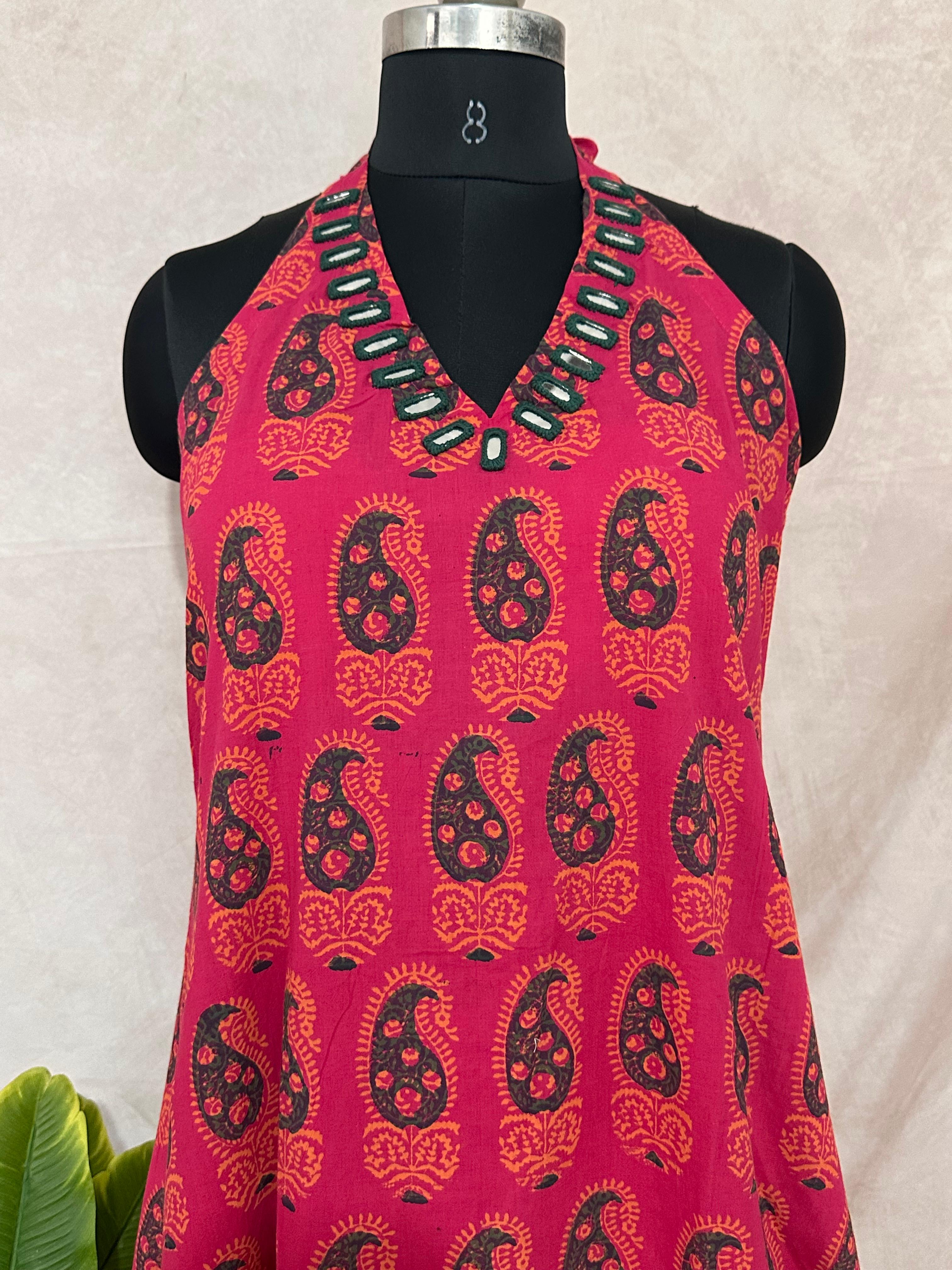 Hand blocked printed ajrakh Cotton halter neck kurti with hand mirror work and bottom