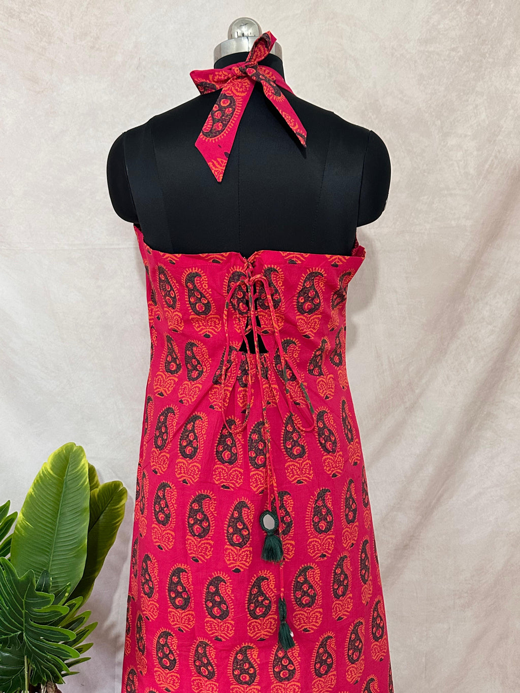 Hand blocked printed ajrakh Cotton halter neck kurti with hand mirror work and bottom