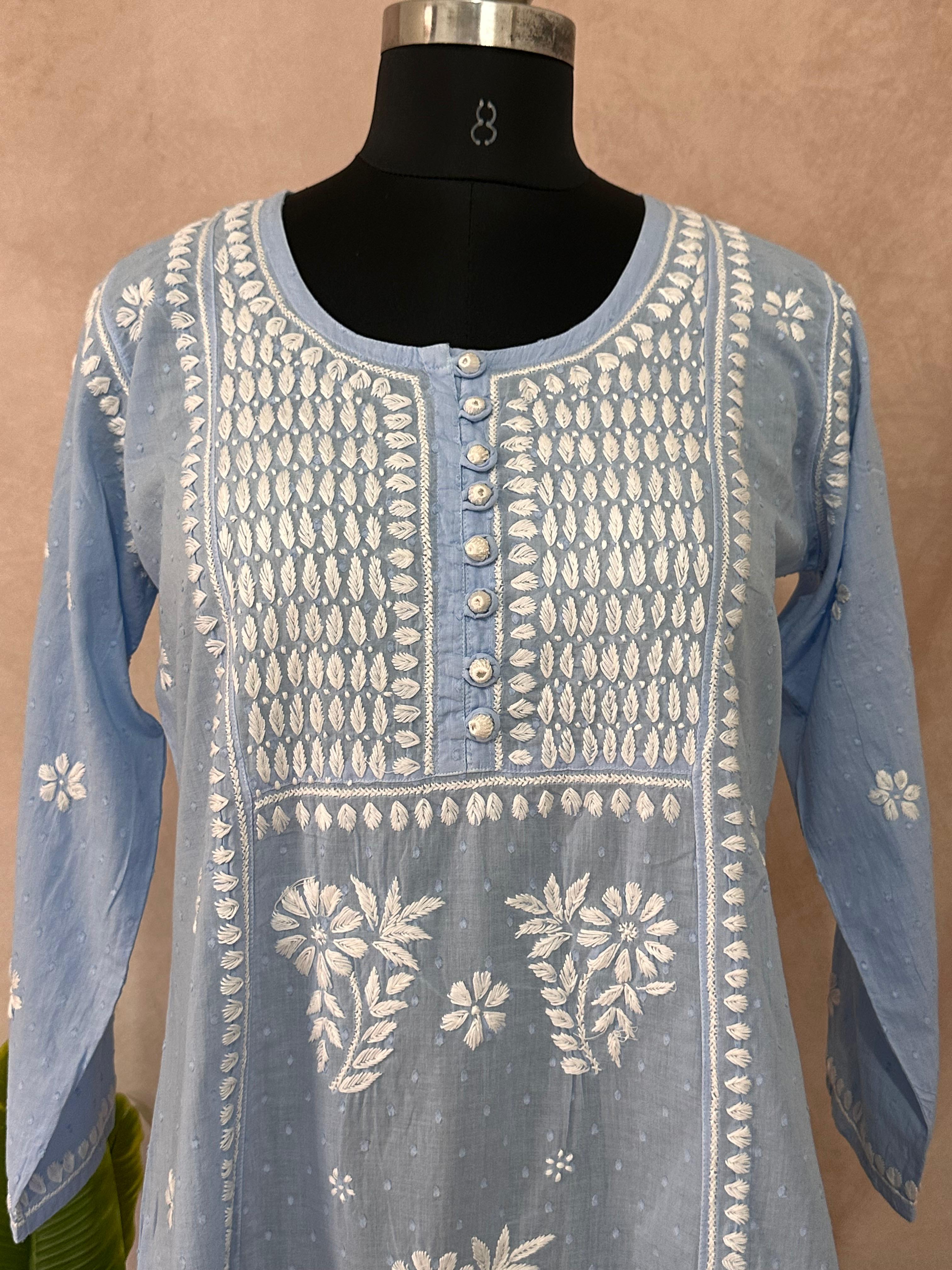 Light blue pure cotton kurti with chikankari work