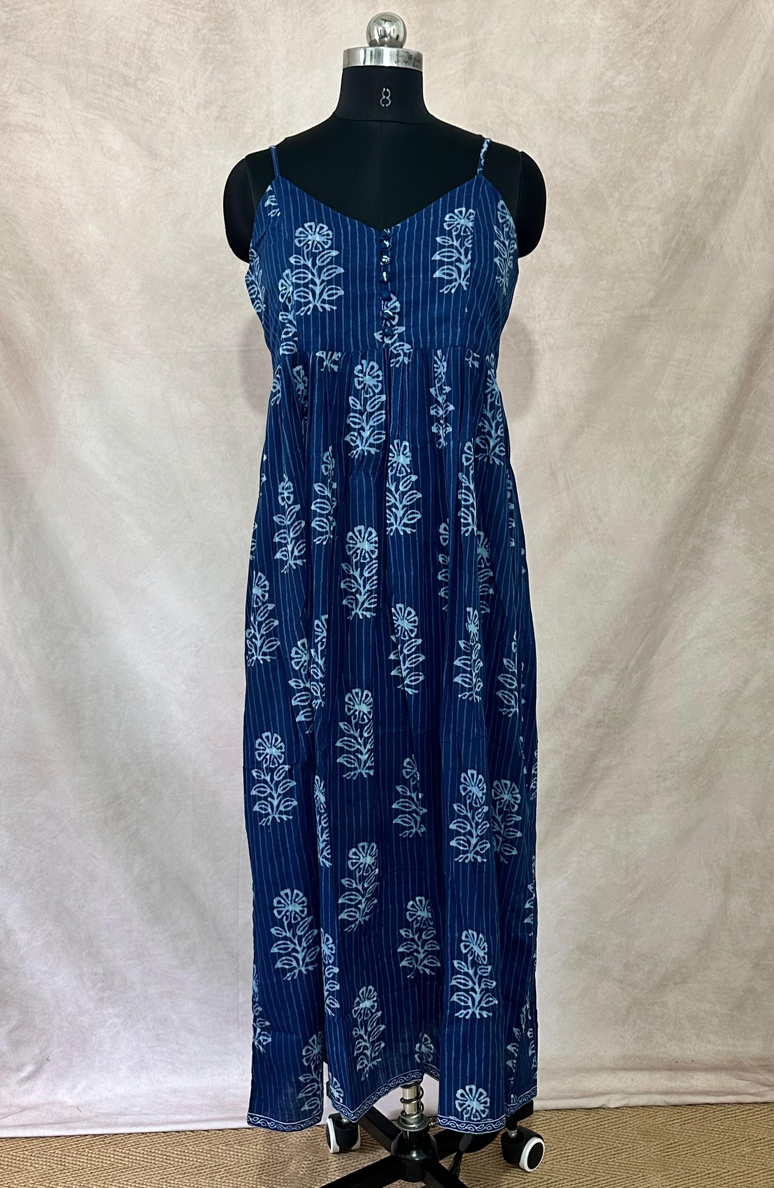 Indigo blue Pure cotton dress with handblock print