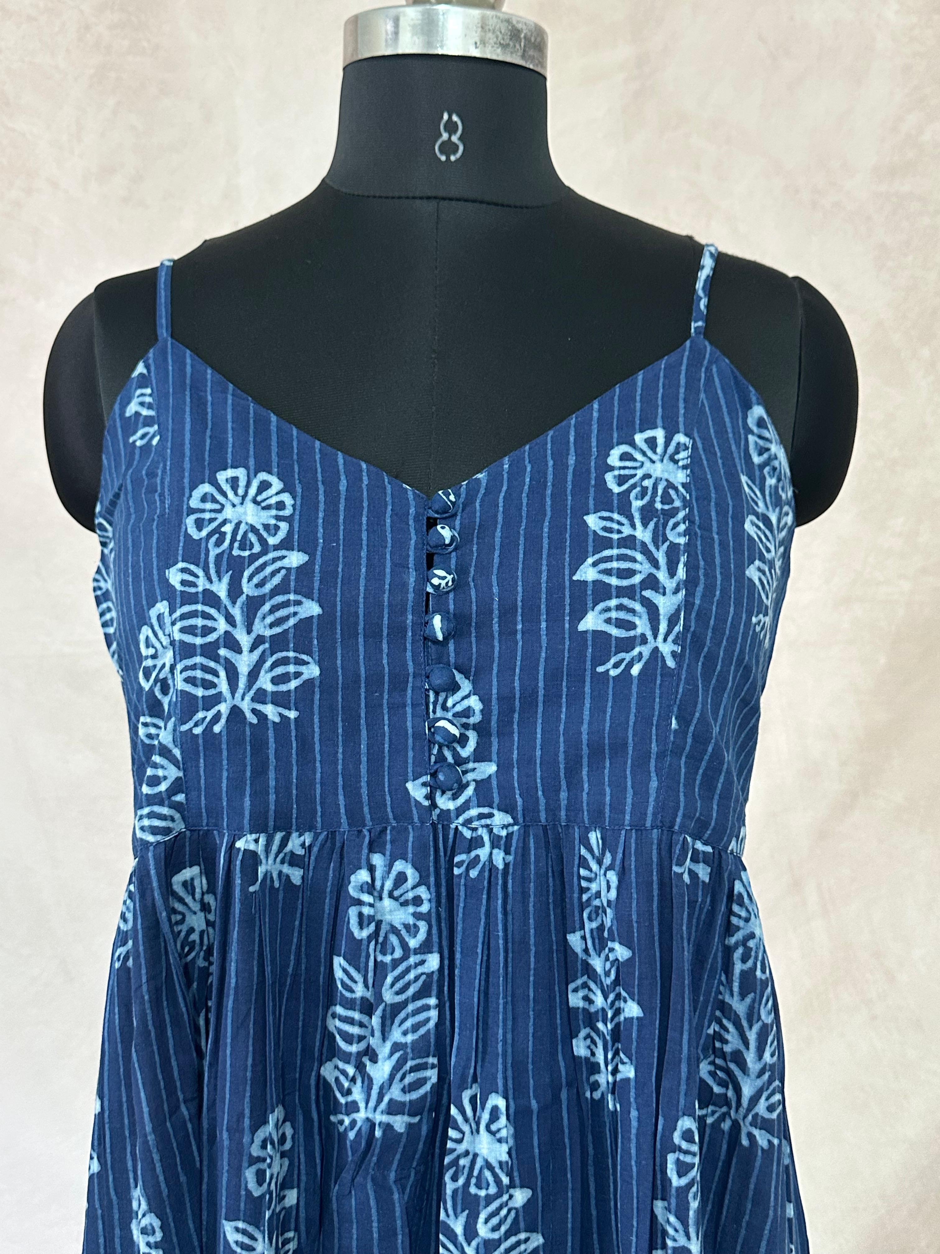Indigo blue Pure cotton dress with handblock print