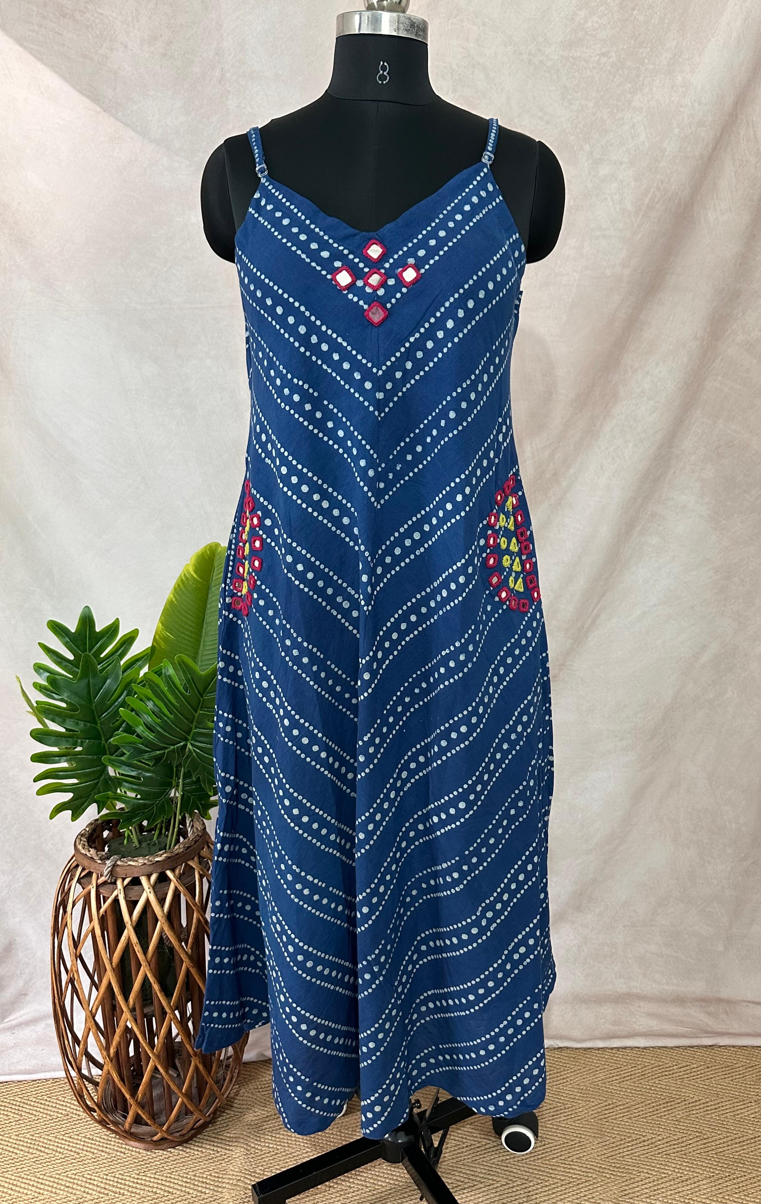 Hand block printed pure cotton dress with mirror work