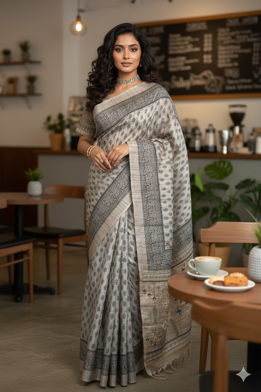 Printed Tussar silk saree with hand embroidery and stitched blouse