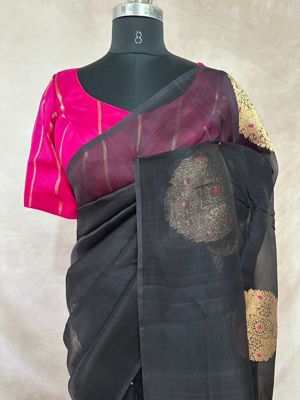 Black kora silk saree with contast blouse