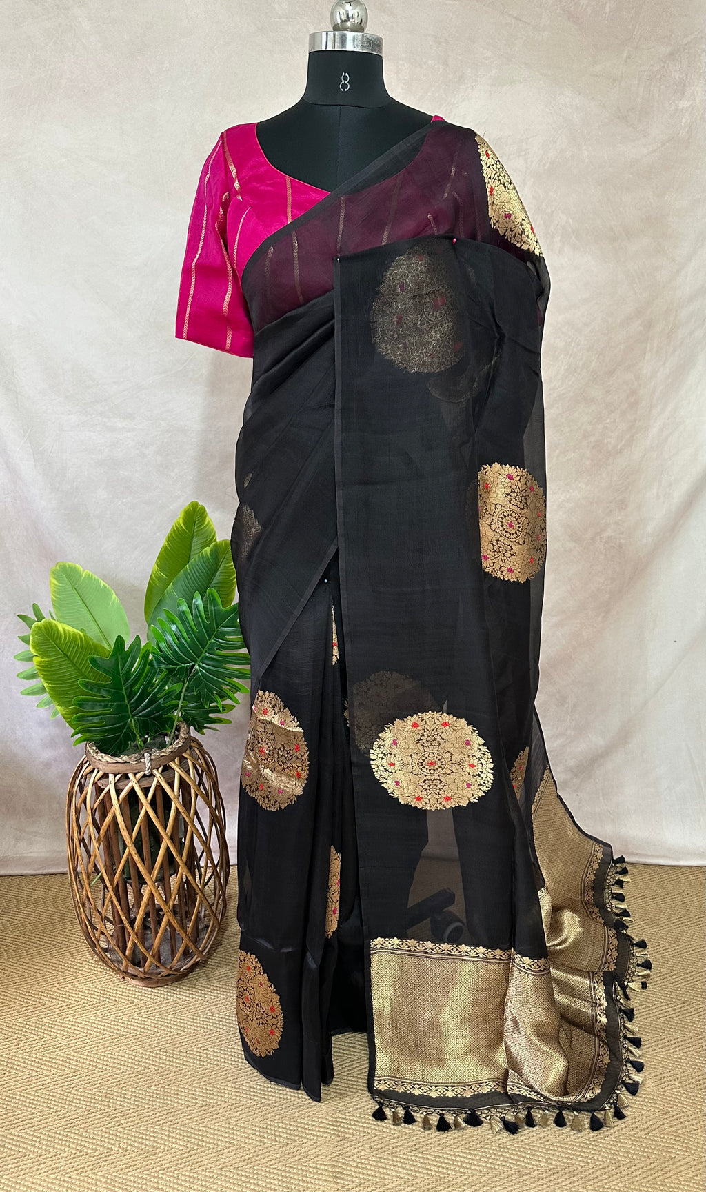 Black kora silk saree with contast blouse