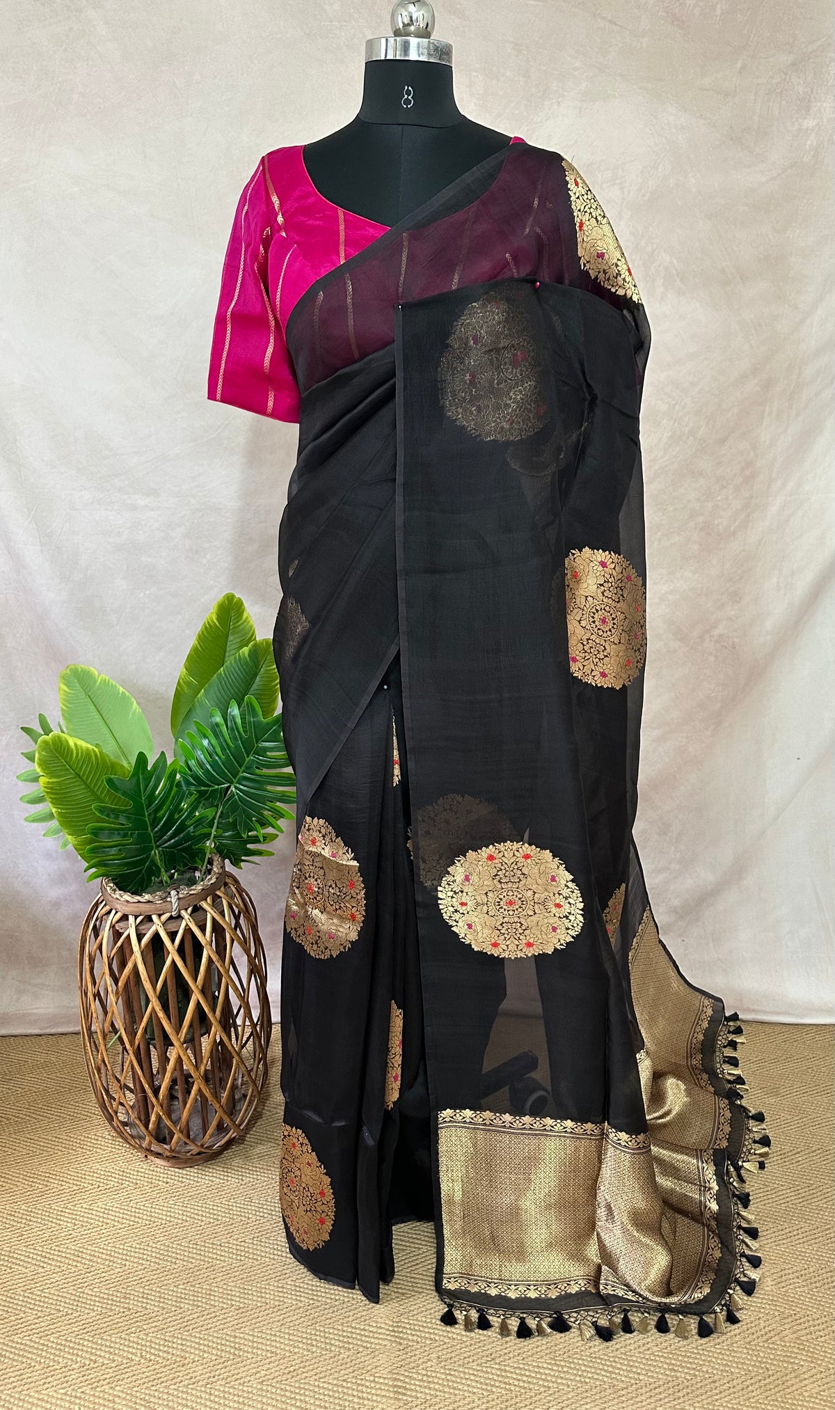 Black kora silk saree with contast blouse
