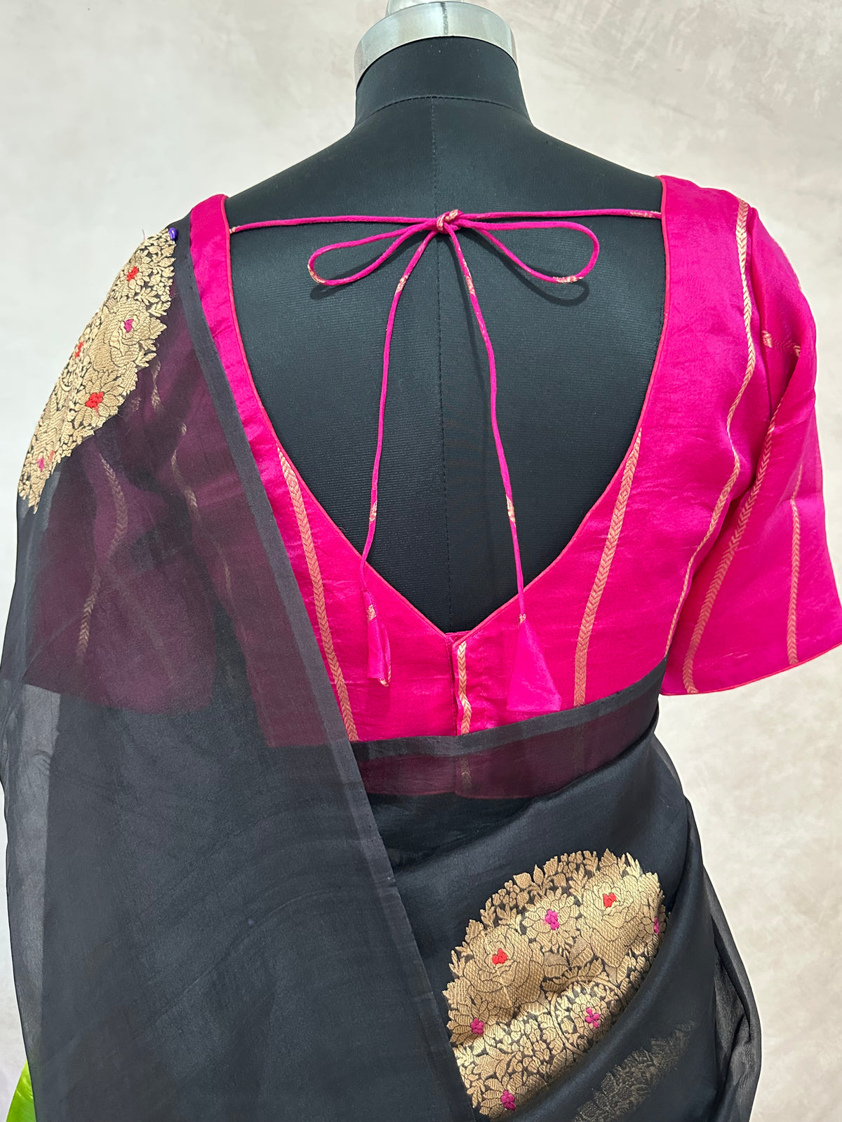 Black kora silk saree with contast blouse