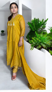 Mustard yellow Chanderi silk kurti set with hand emroidery