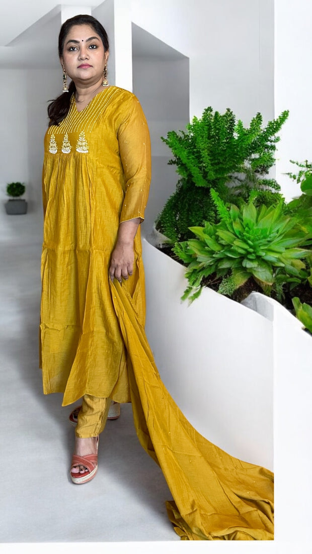 Mustard yellow Chanderi silk kurti set with hand emroidery