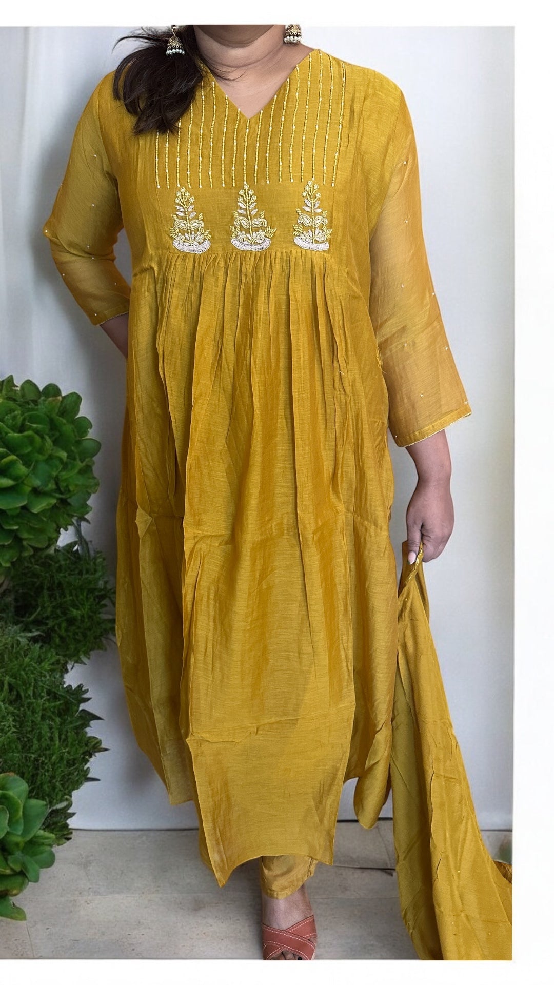 Mustard yellow Chanderi silk kurti set with hand embroidery