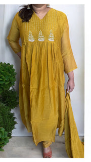 Mustard yellow Chanderi silk kurti set with hand emroidery